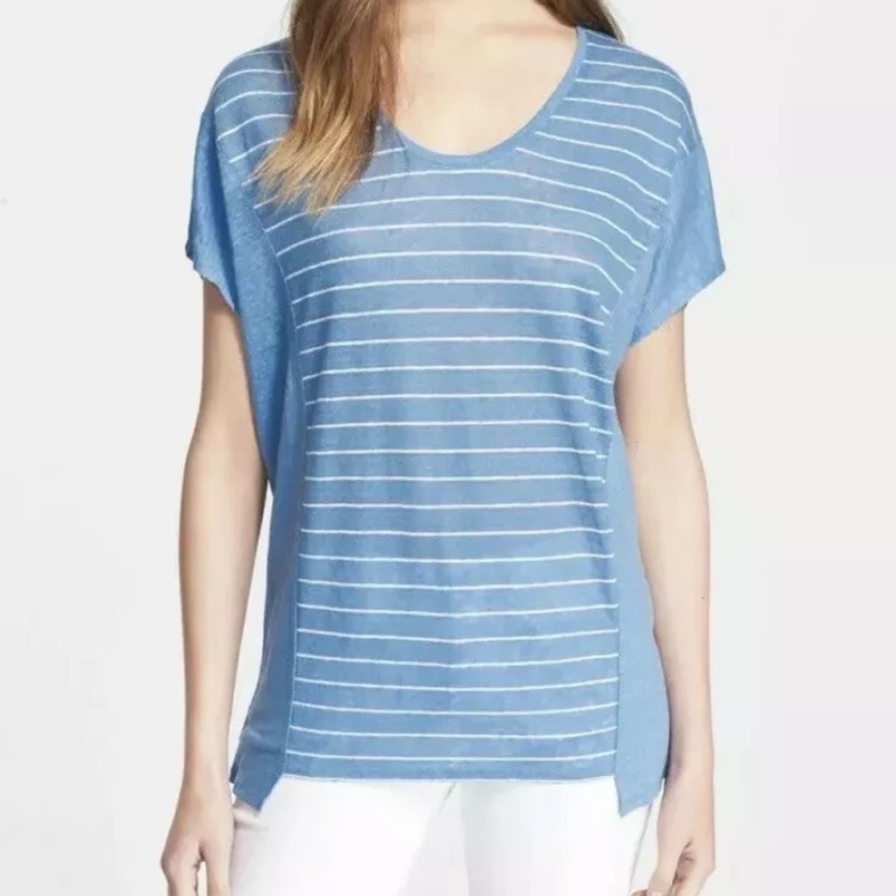Vince Blue White Stripe Top XS New Linen NWT short Sleeve RARE HTF GORGEOUS